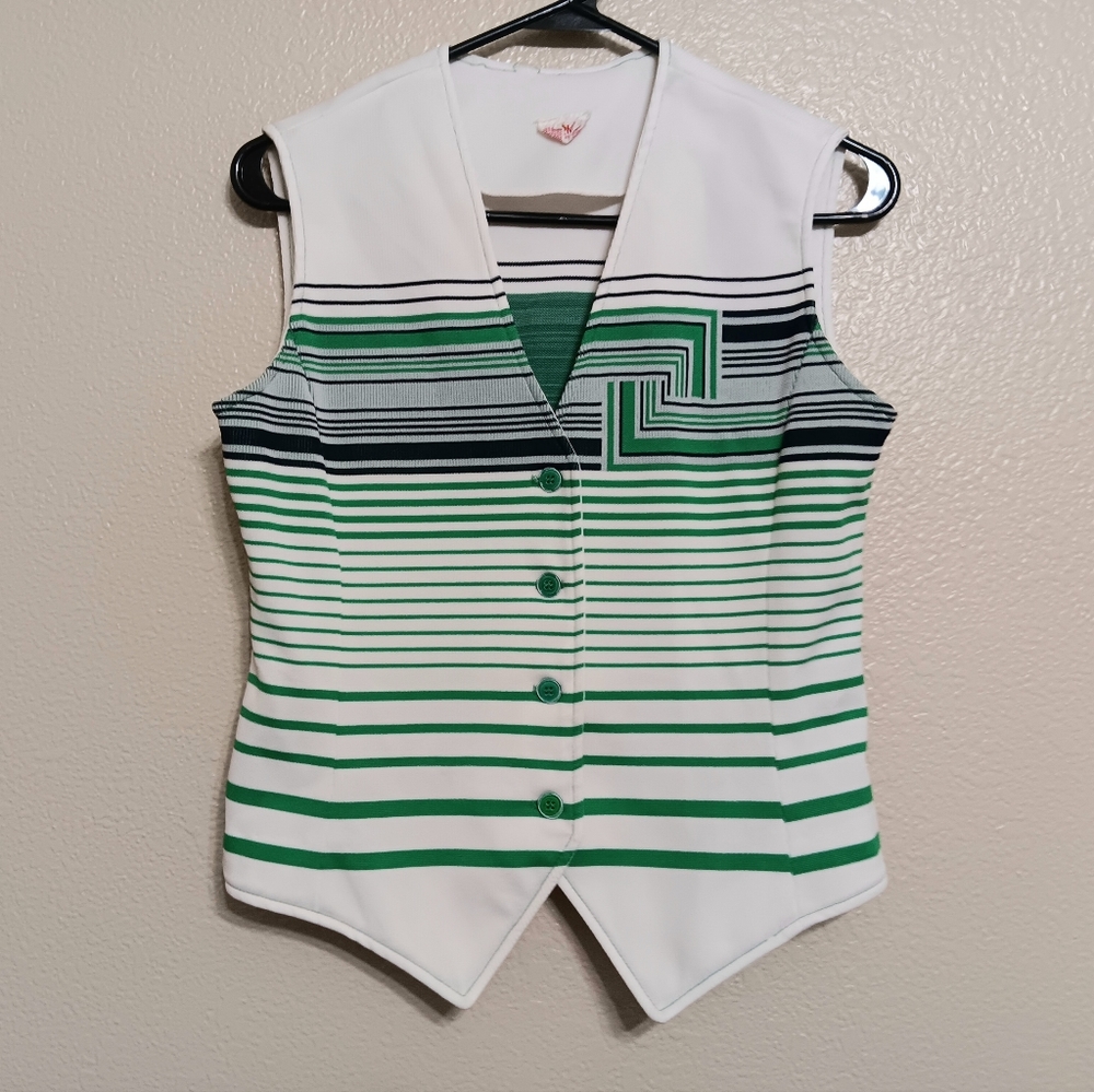 Bodin Knits Vintage 60s 70s Green White Navy Striped Poly Knit Vest
